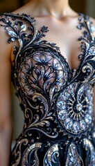 Close Up Of Intricate Algae Lace Detailing On A Sustainable Couture Dress, With Subtle Shimmer From Seaweed Derived Fibers.