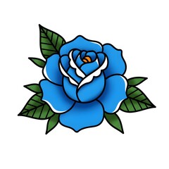 Obraz premium Vibrant Blue Rose with Lush Green Leaves - A Beautiful Illustration of Nature's Elegance and Symbolism
