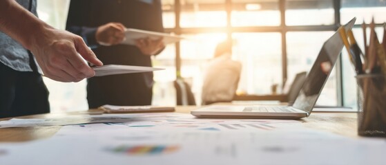 The collaborative atmosphere of professionals discussing strategies and analyzing data in an office environment.