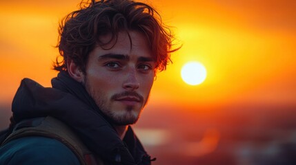 A handsome young man with loving eyes gazes thoughtfully at a vibrant sunset over the ocean during golden hour