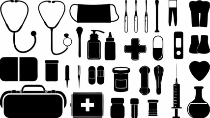 Silhouette illustration of medical equipment and supplies in black and white style design art | editable eps vectors