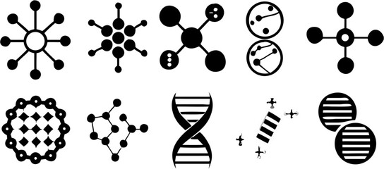 Illustration of ten different molecular structures and dna strands in black and white simple vector art | editable eps vectors silhouette