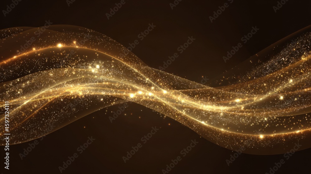 Poster delicate waves of golden light flow gracefully across a dark background, creating a mesmerizing disp