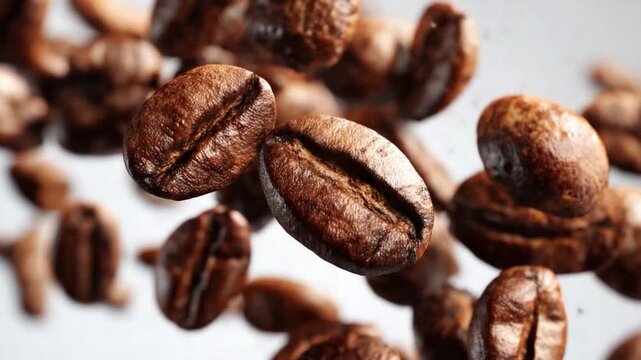 Coffee Beans in Freefall: An artistic shot of roasted coffee beans in mid-air, a feast for the eyes, and the promise of a perfect cup. It's a visual symphony of rich brown tones.