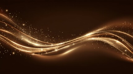 Swirling golden light trails with scattered sparkles flow gracefully against a deep brown backdrop, setting a sophisticated tone suitable for various creative applications.