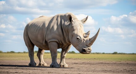 Fototapeta premium Rhino Standing in Grassland Under Cloudy Sky