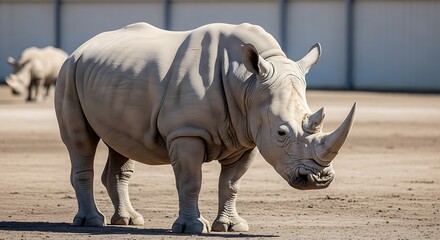 Rhino Standing on Dirt with Another Rhino in the Background