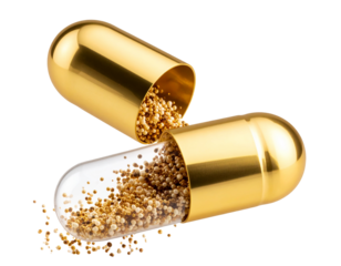 Golden Supplement Capsule Breaking Open, Glowing Particles Inside