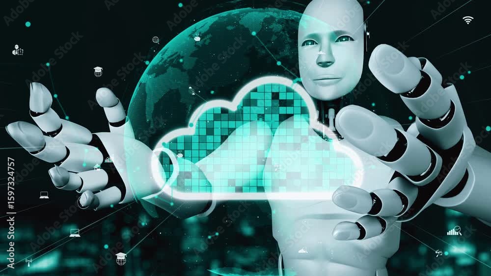 Poster ai robot huminoid uses cloud computing technology to store data on online server . futuristic concep