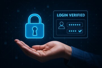 Cyber security, Hand hold digital padlock, Login verified identity credentials on network of data protection technology.Online internet authorized access against cyber attack and business data privacy