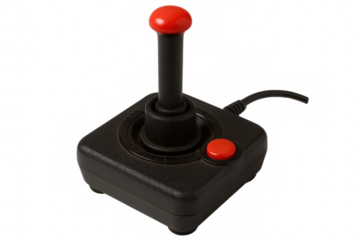 Vintage red-buttoned joystick controller representing retro gaming nostalgia, floating against transparent backdrop