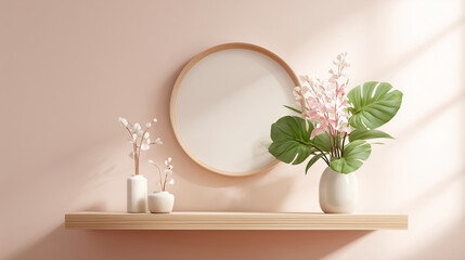 Shelf with round mirror and vases of flowers against a peach colored wall