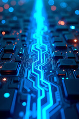 Obraz premium Glowing blue pathways illuminate a complex technological circuit board, showcasing intricate electronic components.