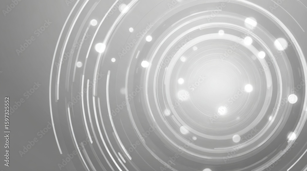 Poster dynamic circular light patterns in varying shades of gray fill the space, inducing a sense of tranqu