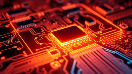 Fototapeta premium Close-up of a glowing computer circuit board, highlighting the central processor.