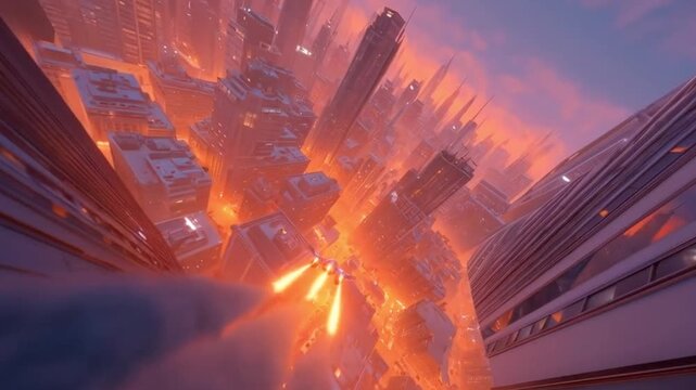 Futuristic city at sunset with fiery jets