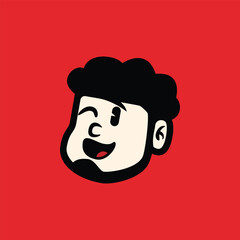 Happy cartoon face with curly hair and beard on red background. Bold retro vector style with joyful expression. Perfect for branding, sticker, or mascot use