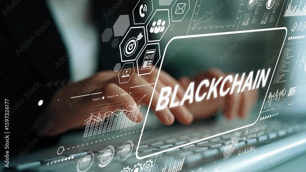 Poster futuristic technology concept with blockchain interface overlaid on laptop keyboard for digital inno