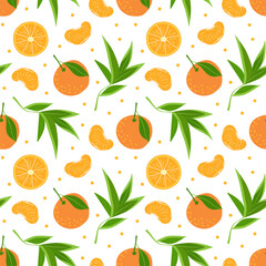 Citrus seamless vector pattern with oranges, tangerine slices and leaves on a white background.