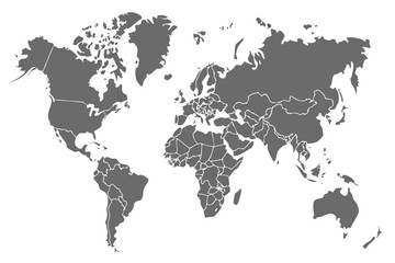 Obraz premium Detailed gray world map showing continents and country borders on a white background for geographical studies | editable eps vectors