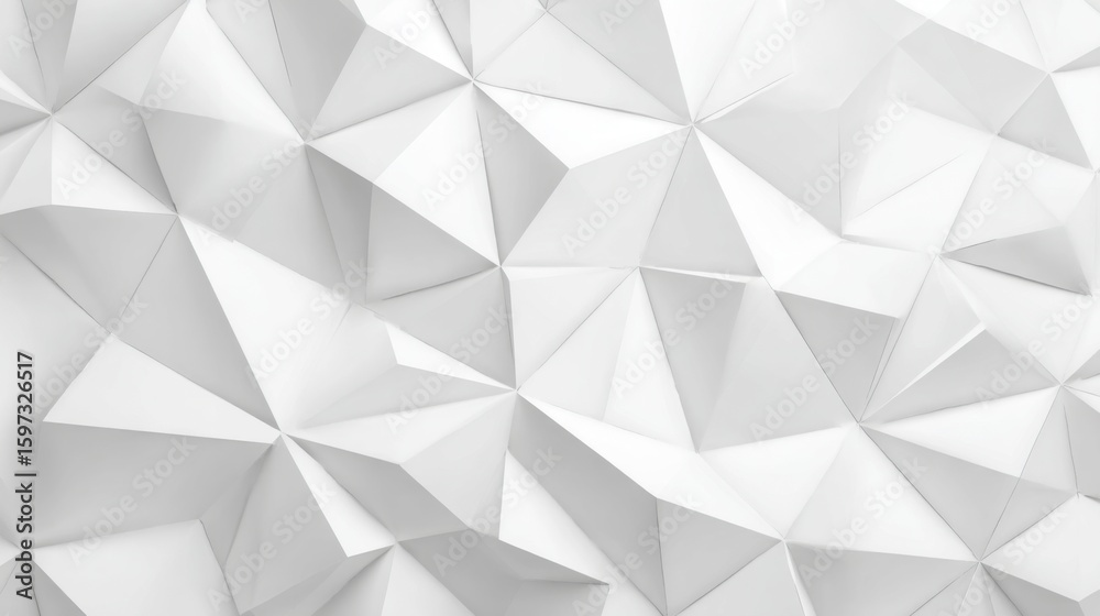 Poster intricate triangular patterns cover a smooth white surface, reflecting light and creating depth in a