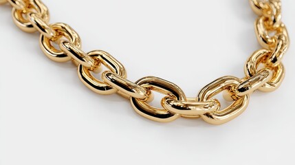 Obraz premium Close-up view of a section of a shiny, gold-colored chain resting on a white surface.