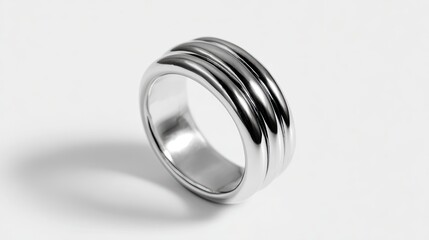 A close-up studio shot of a shiny silver ring with three ridges on a white background, casting a soft shadow.