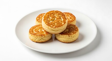Stack of Golden Pancakes on a White Plate in Studio Setting