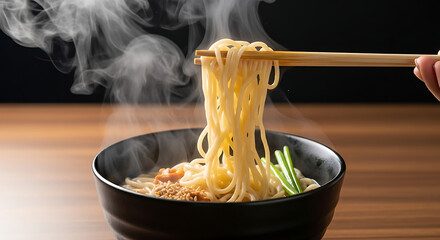 Steaming hot noodles are lifted from a black bowl with wooden chopsticks, showcasing the dish's warmth and freshness.