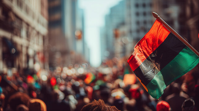 Man in traditional clothing smiling and raising hand in joy during colorful Emancipation Day celebration on city street
