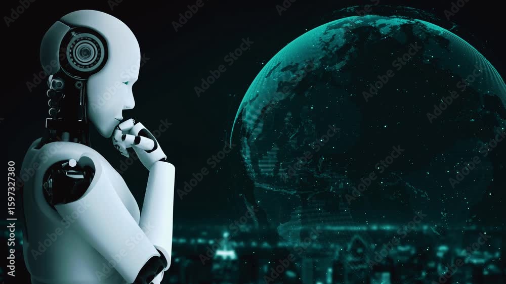 Poster ai robot huminoid uses cloud computing technology to store data on online server . futuristic concep