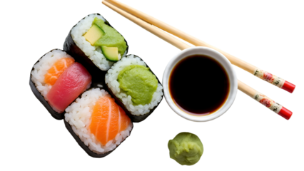 Colorful Sushi Rolls with Chopsticks and Condiments Isolated on White