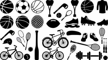 Collection of various sports equipment and athletic gear in black silhouette style vector illustration | editable eps vectors