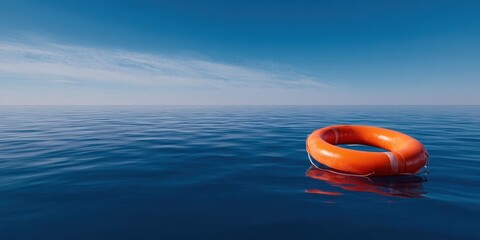 The lifebuoy floating peacefully in the calm ocean under a clear blue sky.