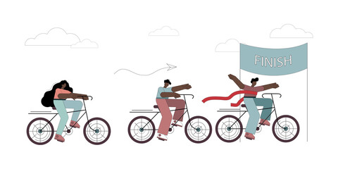 Bicycle competition 3 people. Business cycling competition to success. The intersection of the finish line. Vector illustration