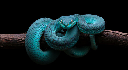Fototapeta premium Turquoise viper coiled on branch snake blue