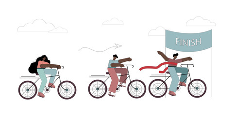Bicycle competition 3 people. Business cycling competition to success. The intersection of the finish line.  Vector illustration.eps