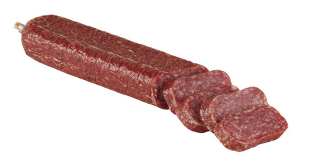 Fresh square sausage salami cut out isolated transparent background © Little Studio1