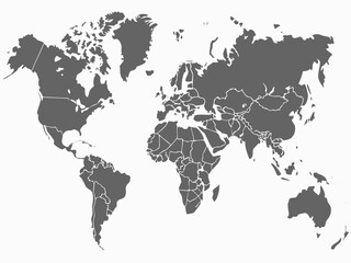Obraz premium World map illustration showing continents and country borders in gray against a white background design | editable eps vectors silhouette
