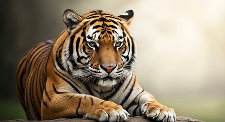 Obraz premium Tiger Resting on Stone Surface Portrait with Focused Gaze