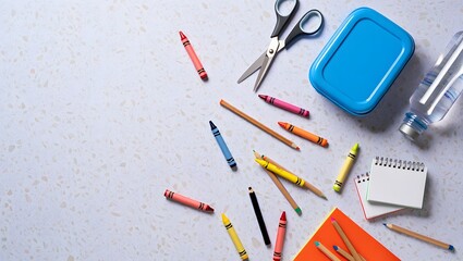 Colorful art supplies scattered on a speckled surface crayons colored pencils