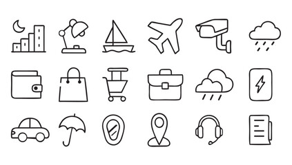 Fototapeta premium Set of profession icons in black outline style featuring doctor, engineer, teacher, chef, police officer, firefighter, artist, pilot, scientist, farmer, construction worker, and more.