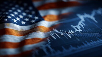 American Flag Waving with Financial Stock Market Data Overlay - Powered by Adobe