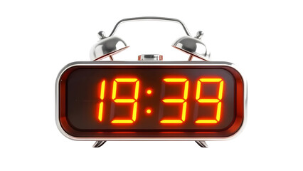 Digital alarm clock displaying 19:39 3d rendered, isolated on white background