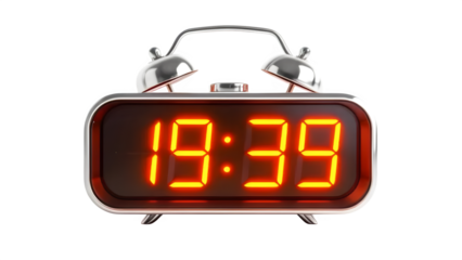 Digital alarm clock displaying 19:39 3d rendered, isolated on white background