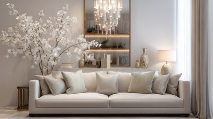 Fototapeta premium Elegant living room featuring a white sofa, chandelier, and floral arrangement