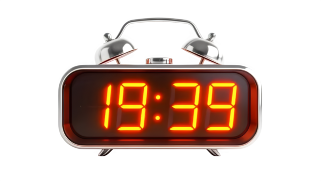 Digital alarm clock displaying 19:39 3d rendered, isolated on white background