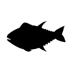 Solid black silhouette of a fish with sharp fin details. Vector icon suitable for logos, signs, seafood branding, fishing symbols, or minimalist marine graphics