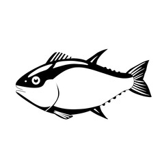 Black and white line art of a fish with distinct fins and body shape. Vector outline illustration ideal for logos, seafood branding, or marine-themed design projects