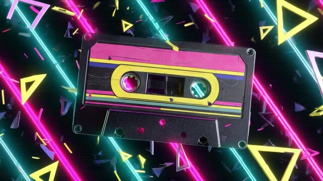 Retro cassette tape with neon shapes: A nostalgic throwback to the vibrant 80s, a colorful cassette tape floats amidst a dynamic background of neon shapes.